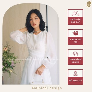 Váy SHILLA Trắng Dáng Dài Tiểu Thư Vintage Kiểu Tay Bồng, Váy Xòe Dài Tay