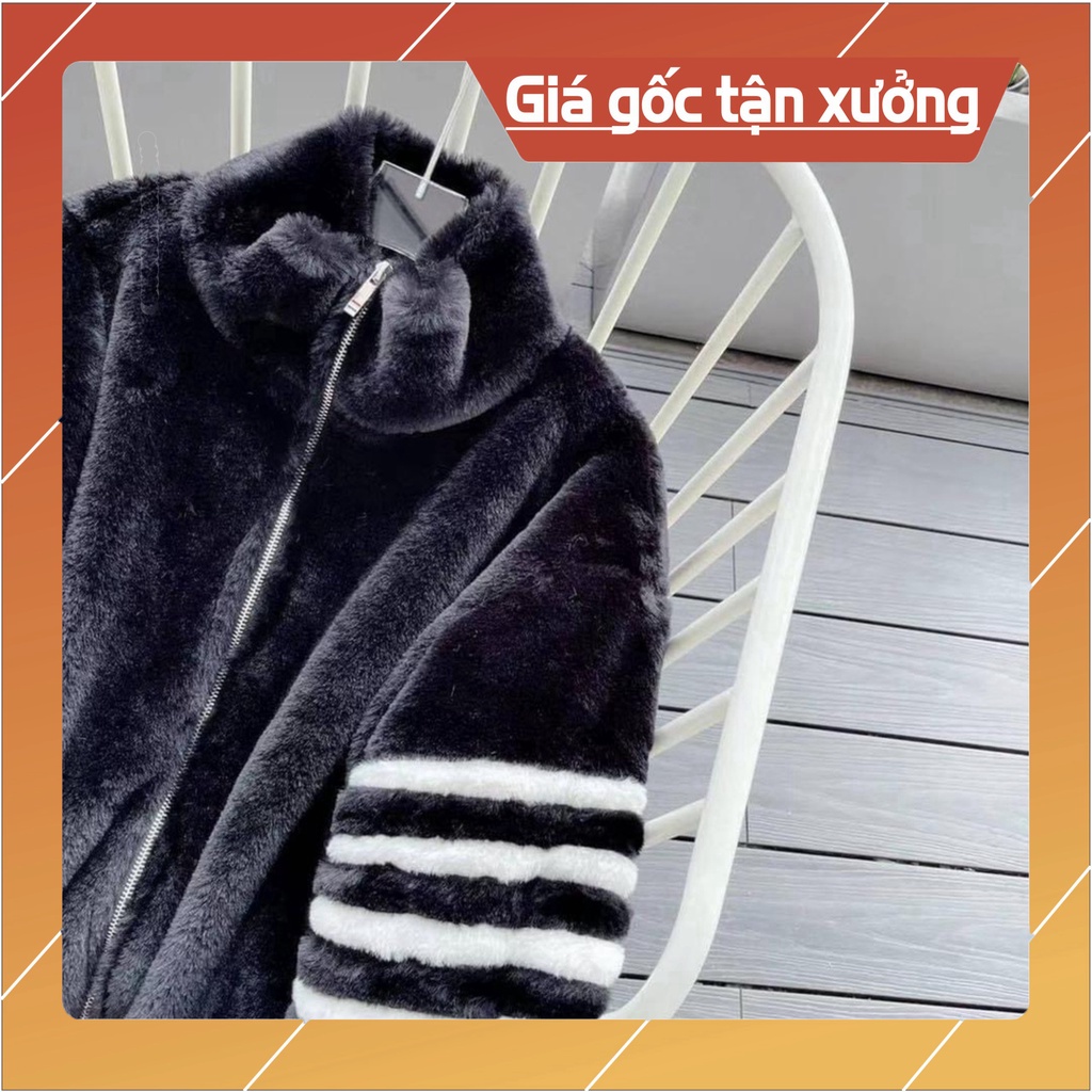 Hoa xôi Áo Khoác Lông Thome Mượt cứng cáp thời thượng - áo khóa ngoài Lông Cừu Phối 4 Sọc Tay Fom Dáng Unisex Nam Nữ 123