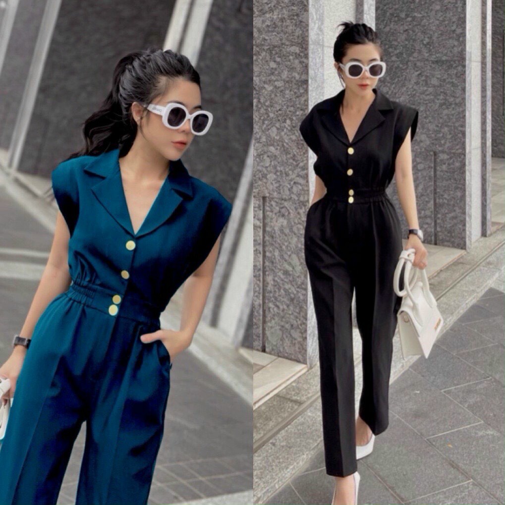 jumpsuit cổ vest hàn quốc chất lụa cao cấp loại 1 có size m,l,xl ,cài nút trước, eo phối thun 2 bên, 2 túi | BigBuy360 - bigbuy360.vn