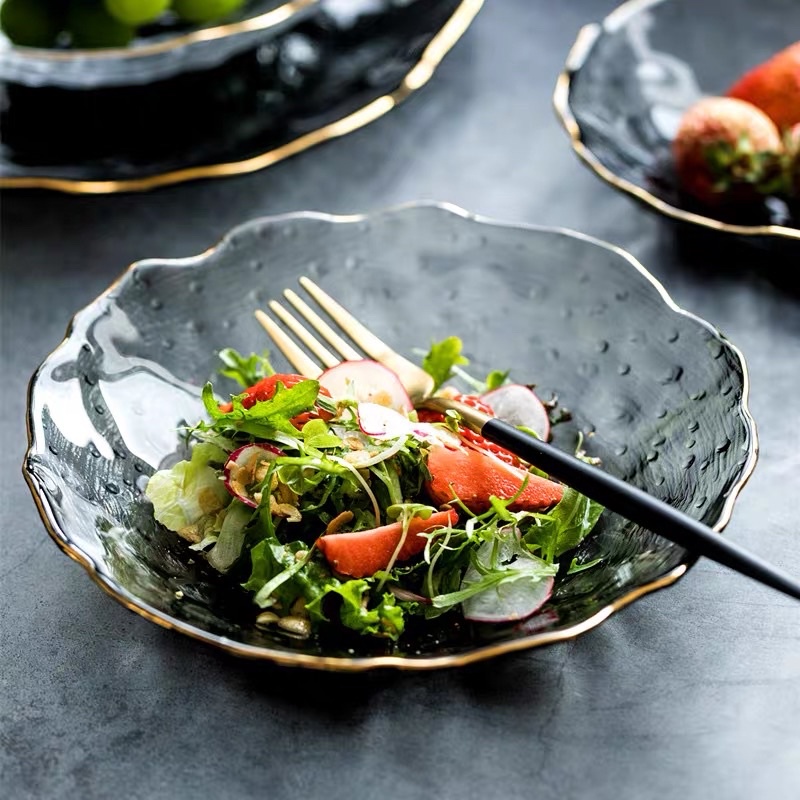 Đĩa thủy tinh cao cấp ghi xám đen viền vàng,để hoa quả,salad,bánh kẹo