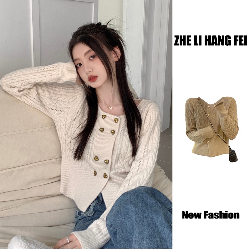 ZHELIHANGFEI Áo Sweater Dệt Kim Tay Dài Dáng Ôm Lưng Cao Kiểu Retro Pháp Dễ Thương