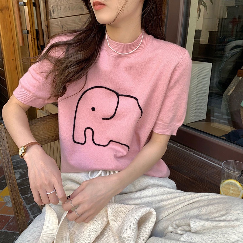 Áo Dệt Kim Tay Ngắn Dáng Ôm Thêu Họa Tiết Chú Voi Hoạt Hình Phong Cách Hàn Quốc Thời Trang Cho Nữ