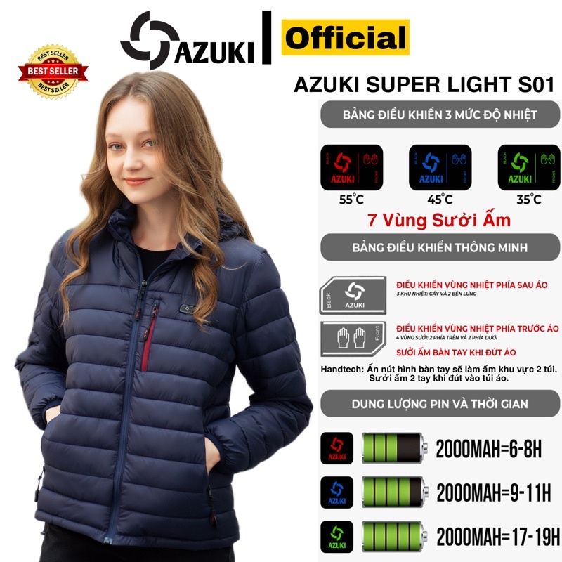 Áo Sưởi Ấm Nhật Bản Nữ Azuki Super Light S01 Siêu Nhẹ, Pin 20000mah Thời Gian Ấm 10 Tiếng, Bảo Hành 12 Tháng