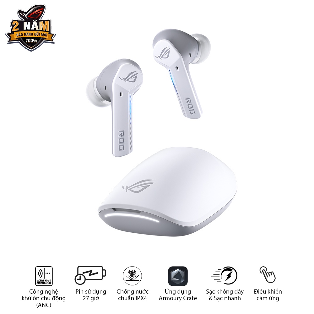 Tai nghe chơi game in-ear không dây ASUS ROG Cetra True Moonlight White Khử ồn chủ động (ANC), Pin 27h, Sạc nhanh