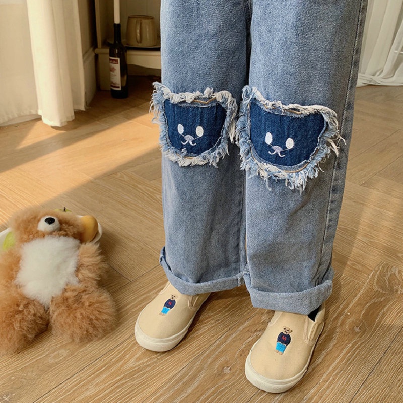 Quần Jean Ống Rộng Họa Tiết Mèo Hoạt Hình Phong Cách Hàn Quốc Cho Bé Gái 2-8 Tuổi