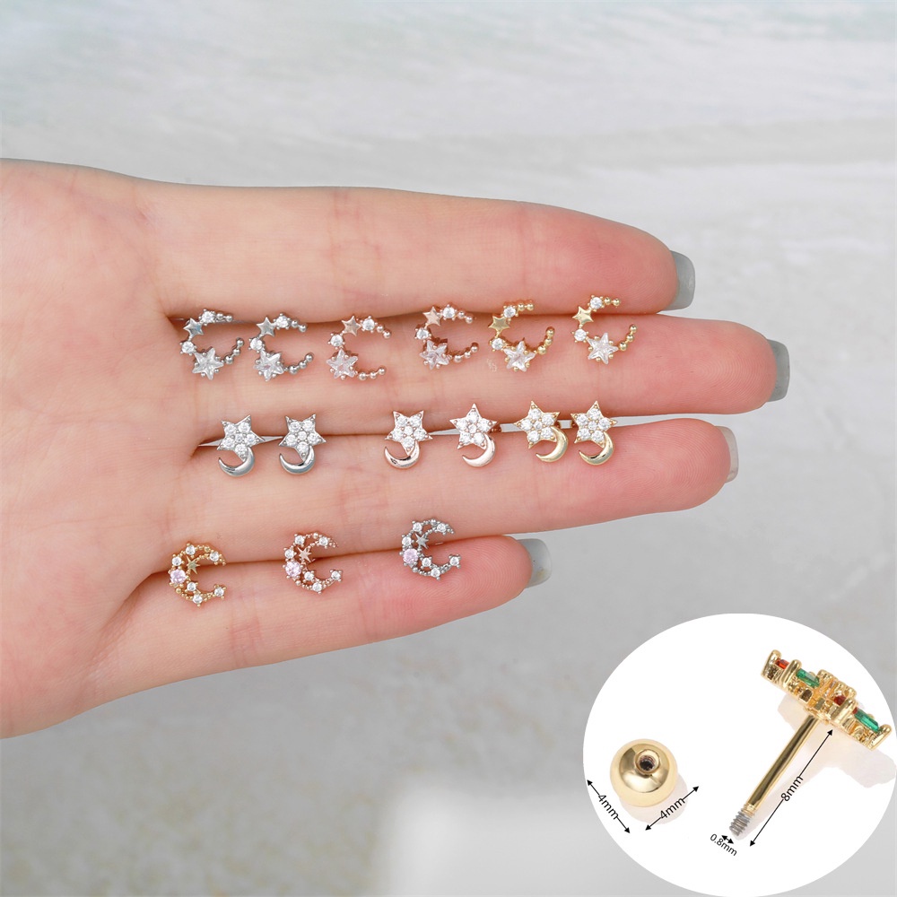 Bông Tai Mạ Vàng 18K Hình Ngôi Sao / Mặt Trăng Không Phai Màu Chống Dị Ứng