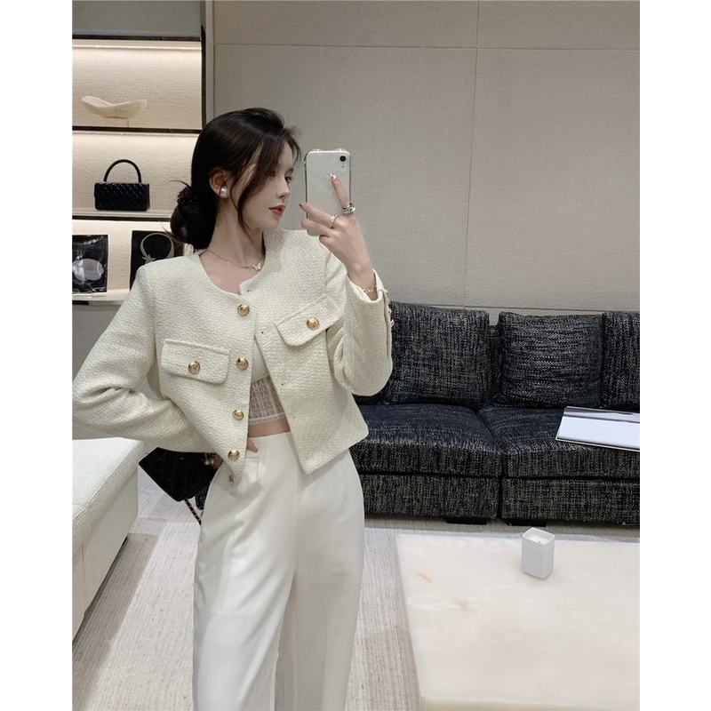 Áo Khoác Dạ Tweed Quảng Châu Tiểu Thư Khoác Ngoài Cổ Tròn Khuy Đồng Mẫu Mới 2022 Dalyn