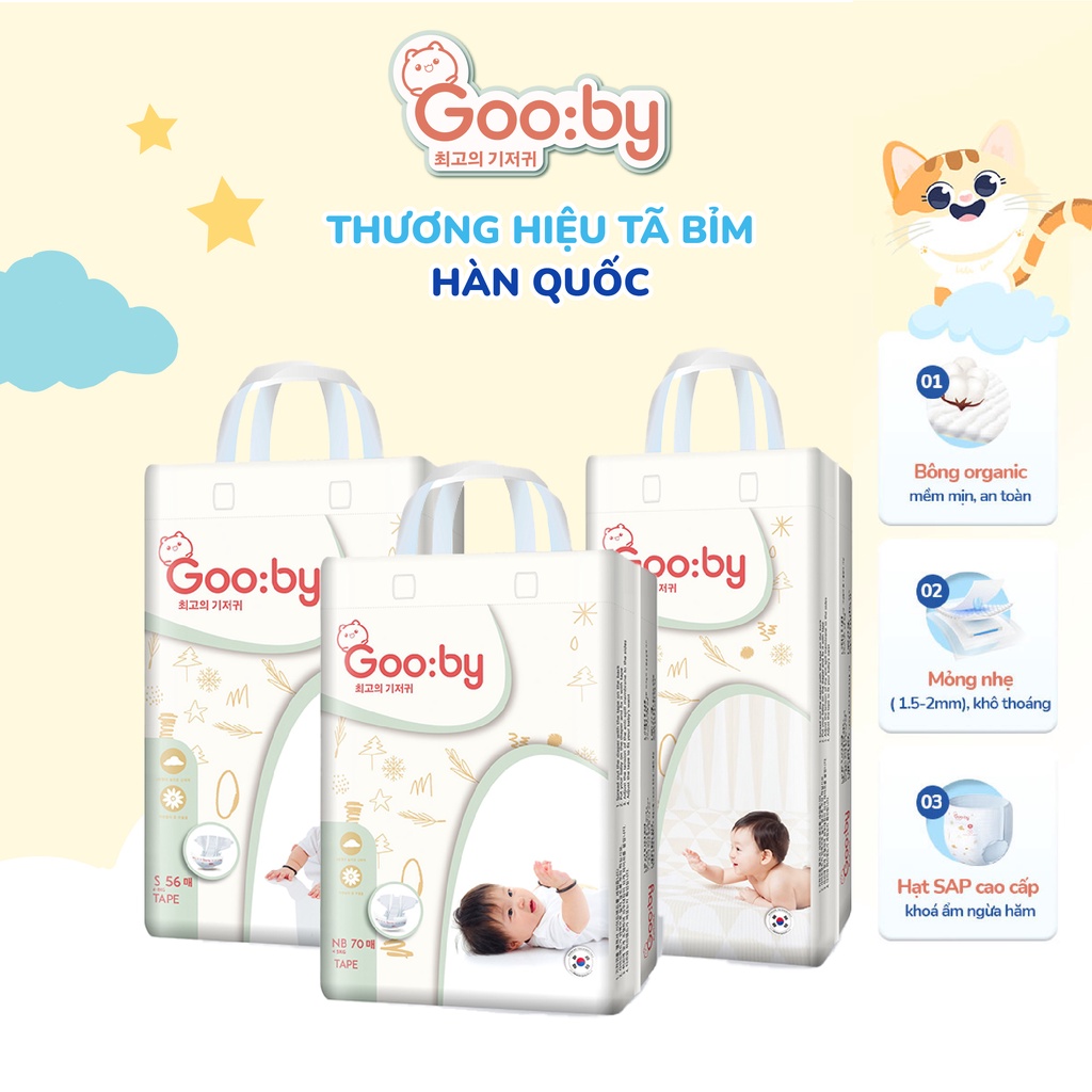 Tã/bỉm dán Gooby mềm mại, an toàn, siêu thấm hút size NB/S/M cho bé từ 4kg - 14kg