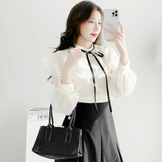 Áo sơ mi tơ cổ bèo cổ phối dây đen 176