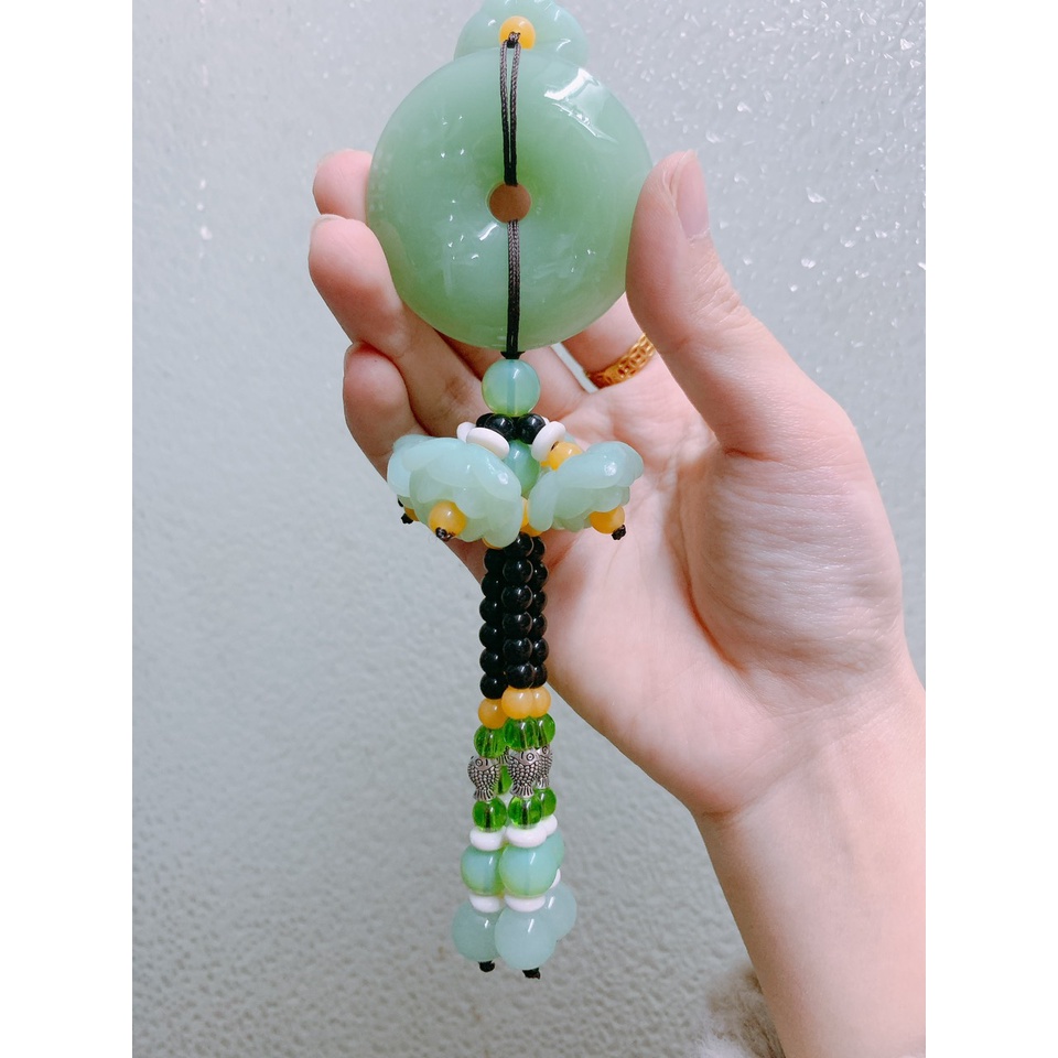 Đồng Điếu Ngọc Bội Đính Kèm Tua Rua Treo Xe Cầu May Mắn, Tài Lộc