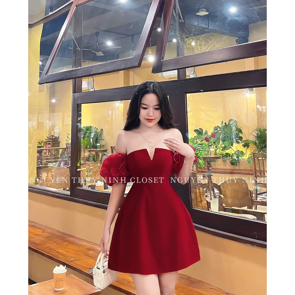 Đầm  tiểu thư đi chơi tiệc dễ thương, đầm chữ a hàn quốc trễ vai cá tính phối bèo tay xẻ ngực cực đẹp