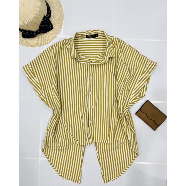 Áo sơ mi nữ cánh dơi Couple tx kẻ sọc vàng freesize 2hand