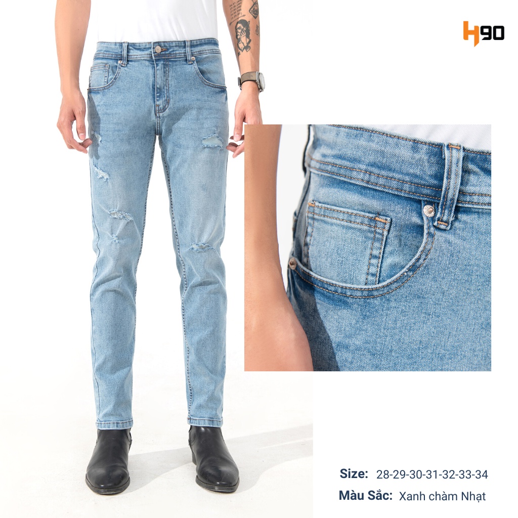 Quần Jean Nam Rách H90 Form Slimfit, Chất Bò Co Giãn Tốt Bền Màu Dáng Ống Côn Trẻ Trung Mài Rách Tự Nhiên MTRJ009