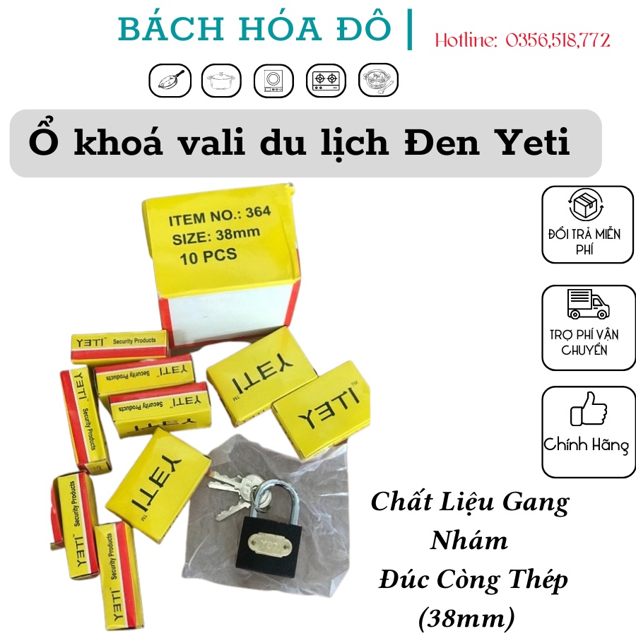 Ổ khoá vali du lịch đen yeti chất liệu gang nhám đúc còng thép (38mm)
