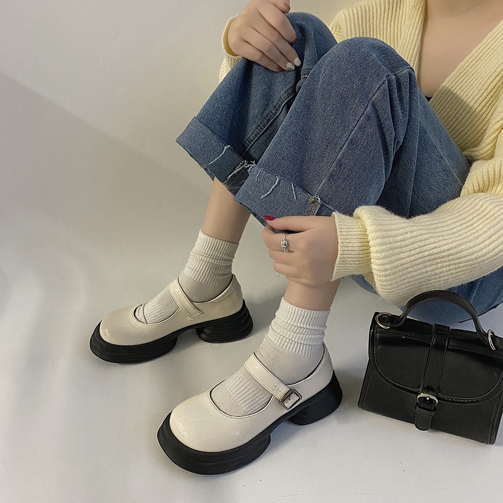 【Kiểm định chất lượng】Giày Da Nữ Đế Dày Màu Đen Phong Cách Anh Quốc Thời Trang Thu Đông