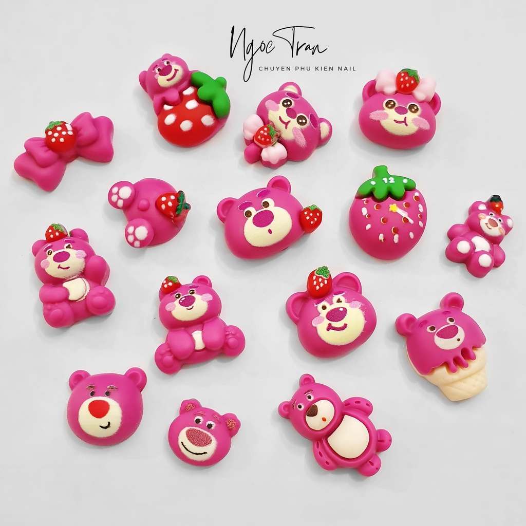 Charm Gấu Hồng Dâu LOTSO Đáng Yêu | Hoạt Hình Trang Trí Móng