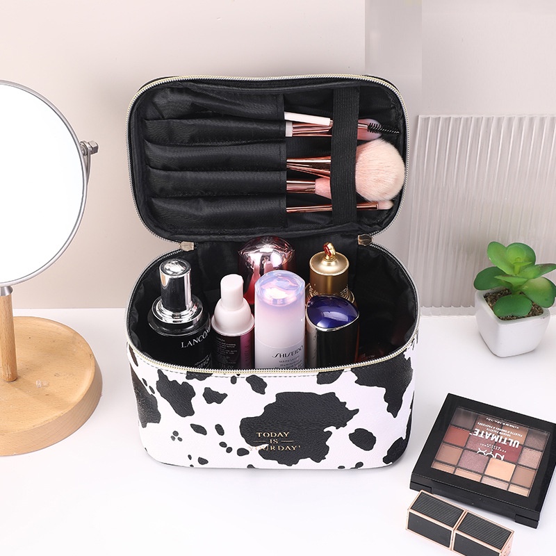 Túi Da PU Vuông Đựng Mỹ Phẩm Chống Thấm Nước In Họa Tiết Bò Sữa Xinh Xắn