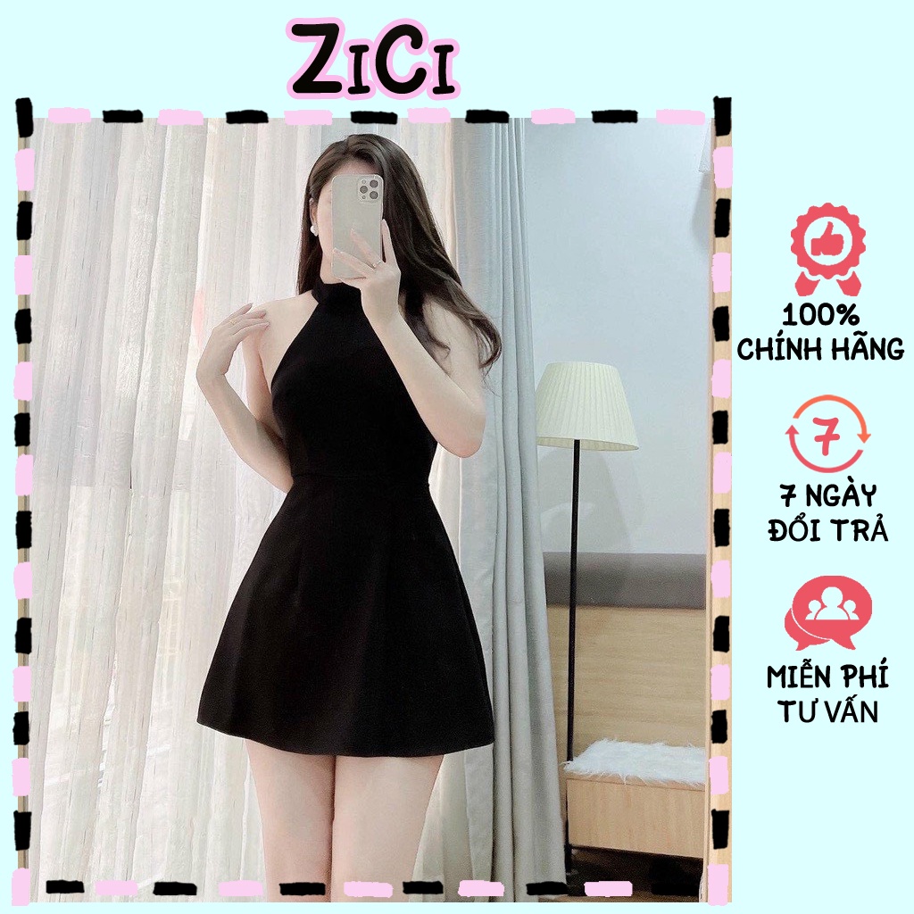 Đầm cổ yếm hở lưng dáng ngắn Váy dây chữ A thiết kế cá tính ZiCi DYA01