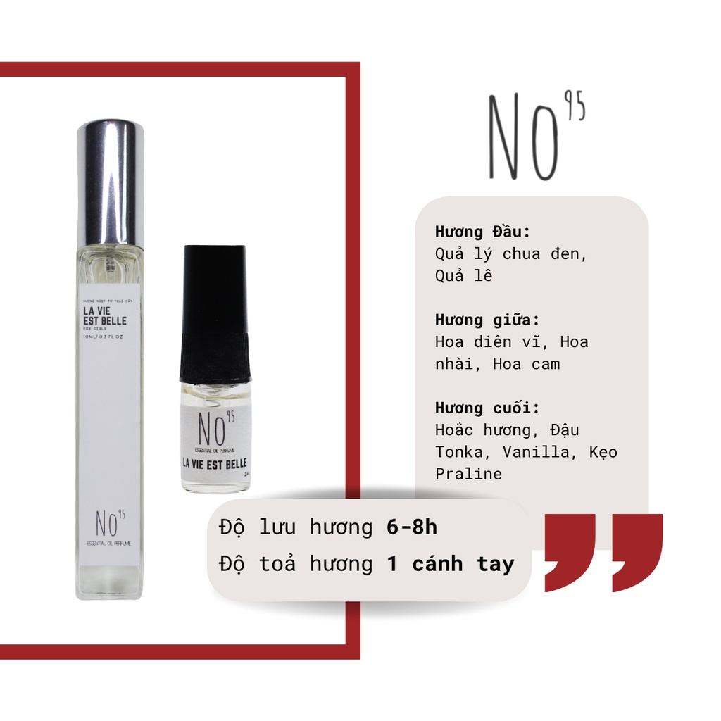 Tinh dầu nước hoa No.95 size 2ml, mẫu dùng thử, hương thơm cao cấp, chính hãng
