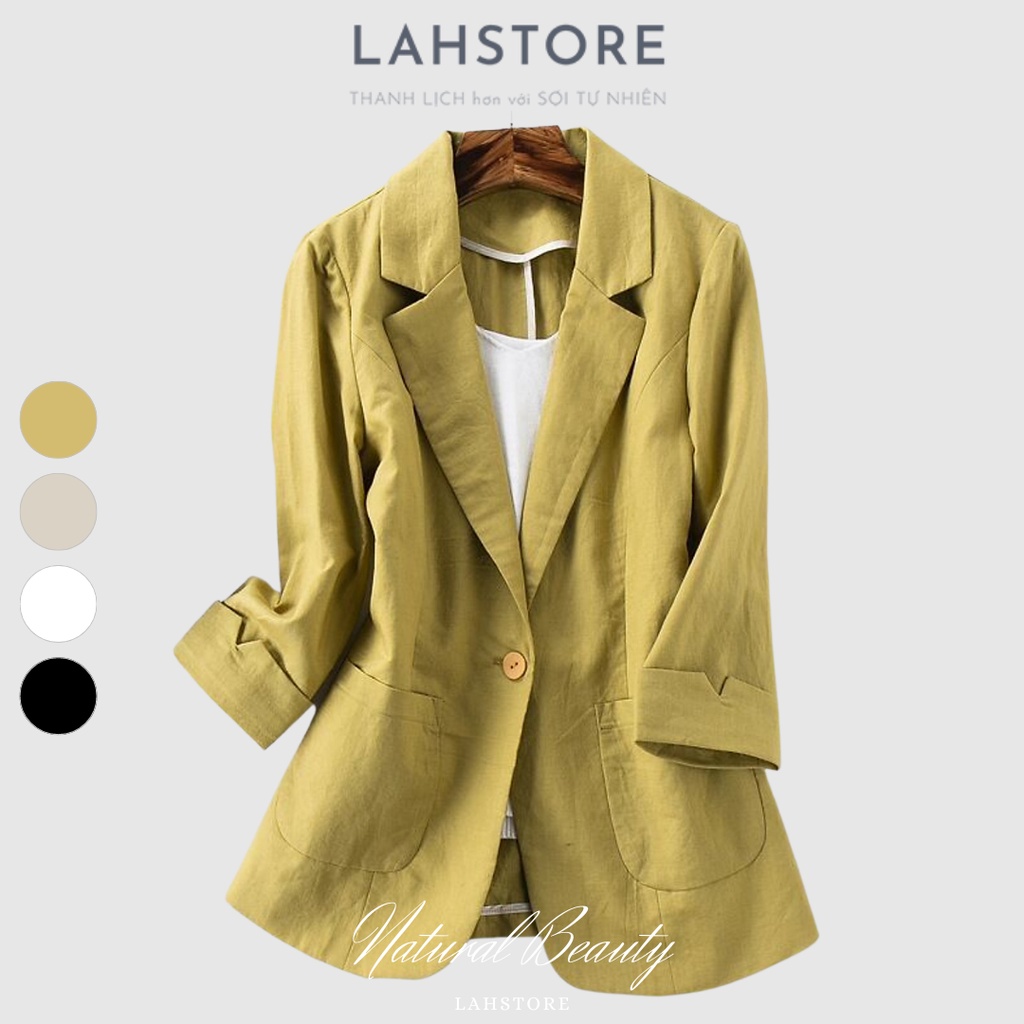 Áo blazer nữ tay lỡ LAHSTORE vải linen, dáng lửng túi hộp (Vàng, Đen, Trắng, Be)