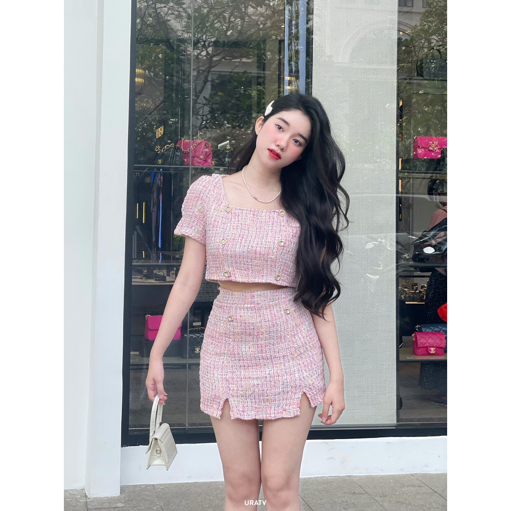 [CÓ SẴN-ẢNH THẬT] Set crop dạ hồng + chân váy