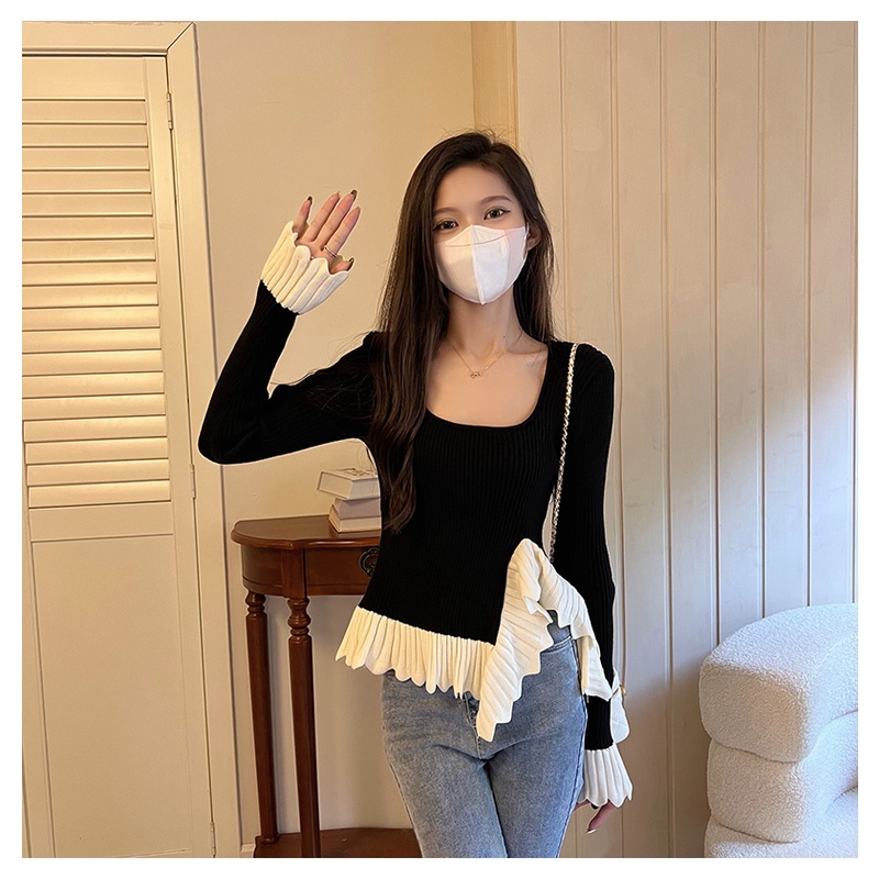 ZHELIHANGFEI Áo len dệt kim Pháp áo len vuông cổ dài tay khe hở eo cao đan đàn hồi mỏng