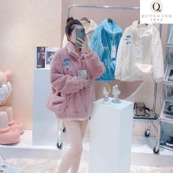 Áo khoác lông cừu, Set áo lông nữ kèm túi in logo mác xanh, Lông cừu mùa đông nữ dày dặn mẫu mới nhất 2022