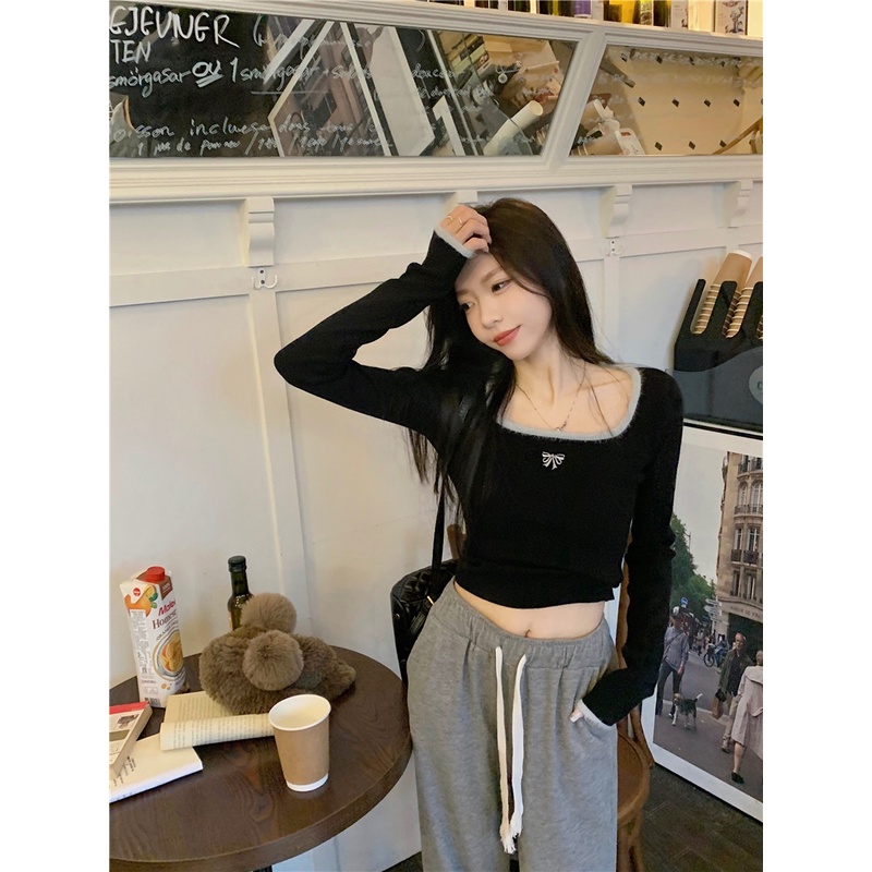 ZHELIHANGFEI Áo Dệt Kim Tay Dài Cổ Vuông Eo Cao Quyến Rũ Dễ Phối Đồ Hợp Thời Trang