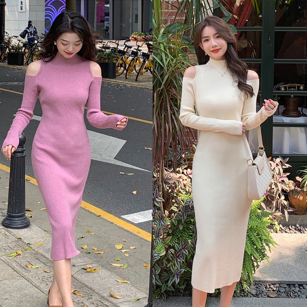 C & M Đầm Sweater Dệt Kim Cổ Lọ Hở Vai Thanh Lịch Gợi Cảm Cho Nữ