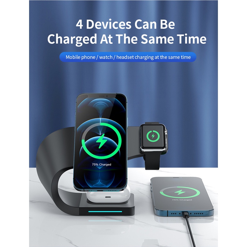 Đế Sạc Nhanh Không Dây 4 Trong 1 20W QC3.0 Bằng Hợp Kim Nhôm Hít Nam Châm Cho Điện Thoại / Iwatch