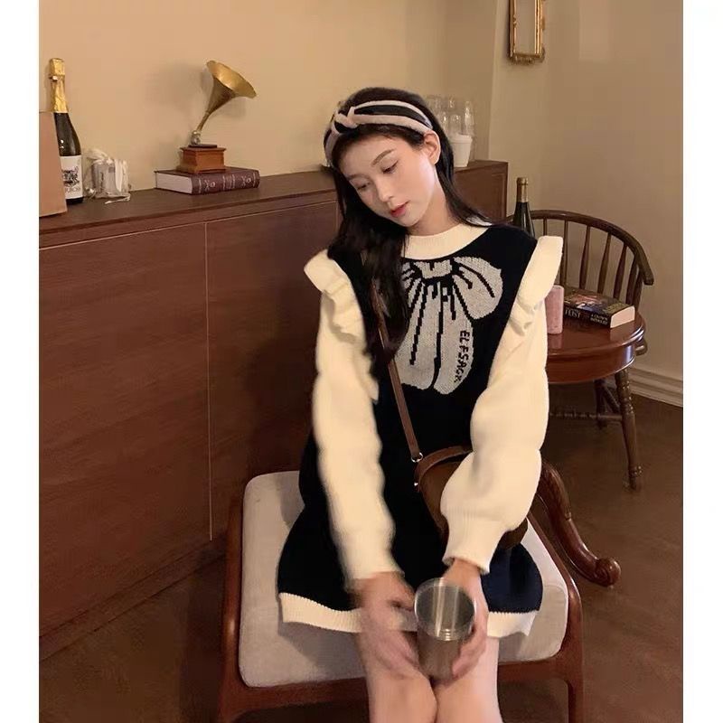 [Giao Ngay] Đầm Dệt Kim Tay Phồng Giả Hai Mảnh Ghép Nấm Nhỏ Phong Cách Preppy Dễ Thương