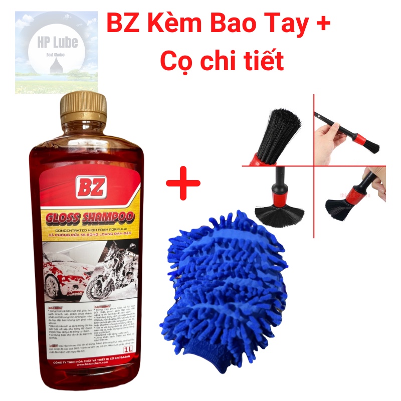 [Combo Giá Sốc] Xà Bông BZ Nước Rửa Xe BZ Gloss Shampoo 1L Siêu Bọt Kèm Cọ, Khăn, bao tay rửa xe