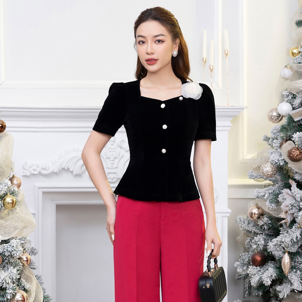 Áo Nhung Peplum Tay Ngắn UK FASHION Thiết Kế Cổ Vuông Sang Trọng Chất Vải Nhập Hàn Cao Cấp NKSM2211003