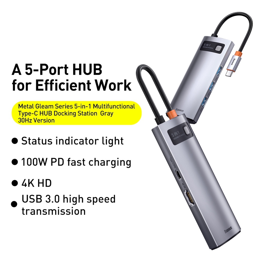 hub Type C Baseus 5in1 hdmi 4K30Hz usb 3.0 PD 100W (WKWG020013)