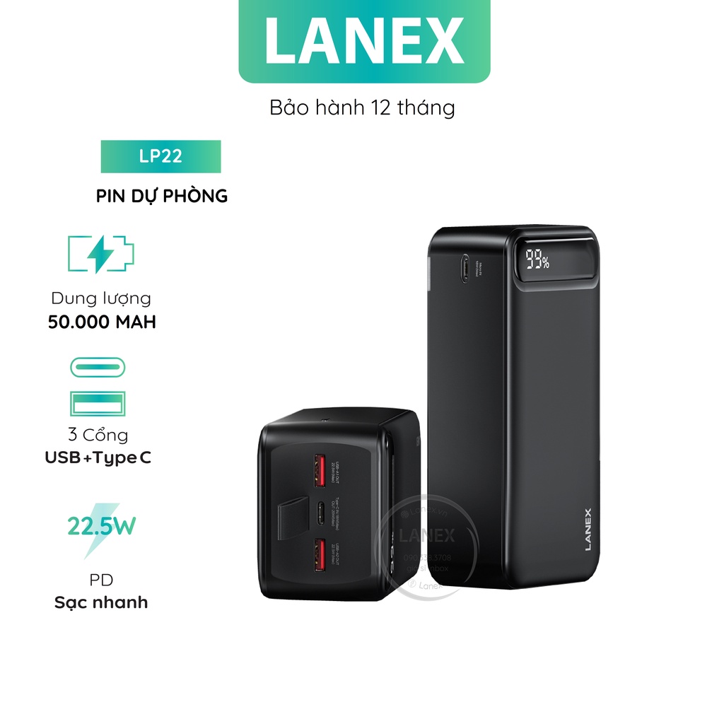 Pin Dự Phòng Lanex Lp22 Abs + 2 Cổng Usb 1 Cổng Type C 3.0a Pd Qc3.0 22.5w 50000mah Màn Hình Led