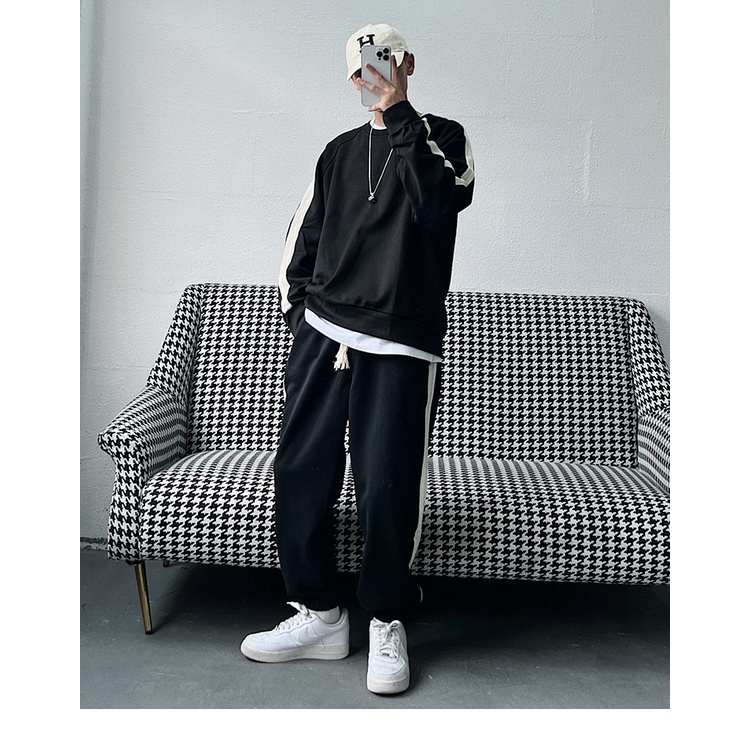 Bộ Thể Thao Cổ Tròn Nam Phối Sọc Kẻ Trơn, Nỉ Ngoại 100% Dày Dặn Fom Rộng Sành Điệu Hot Trend Mùa Đông 2023