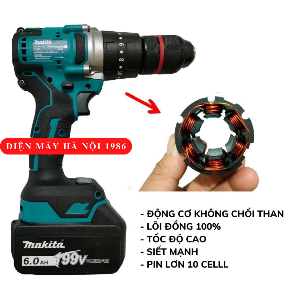 Máy Khoan Pin Makita Không chổi than - Máy Bắt Vít Chuyên Dụng Makita 199V Không Chổi Than - Khoan pin cao cấp