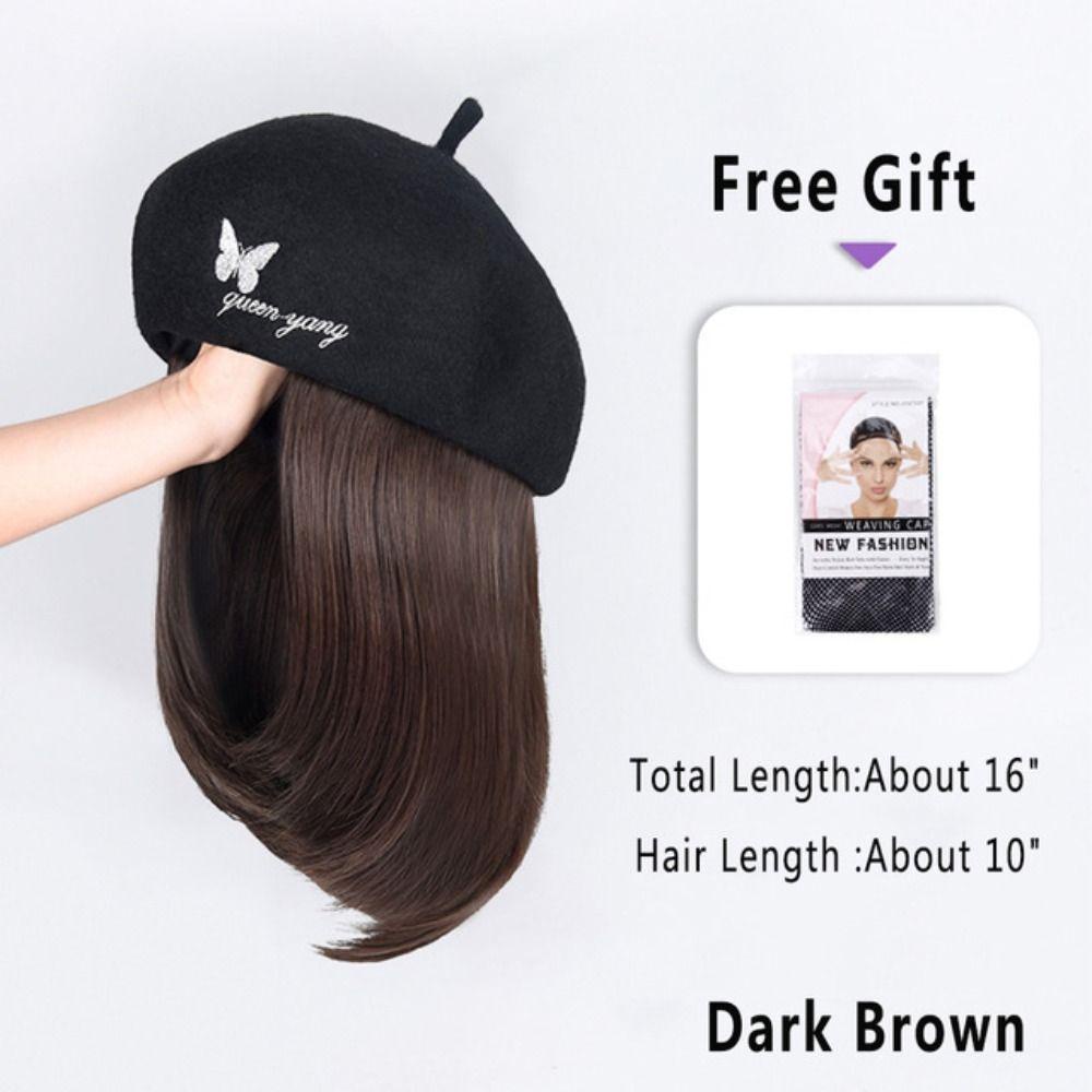 Tóc Giả Nối Dài Mũ Beret Bằng Sợi Tổng Hợp Cách Nhiệt Màu Nâu Tự Nhiên Cho Nữ