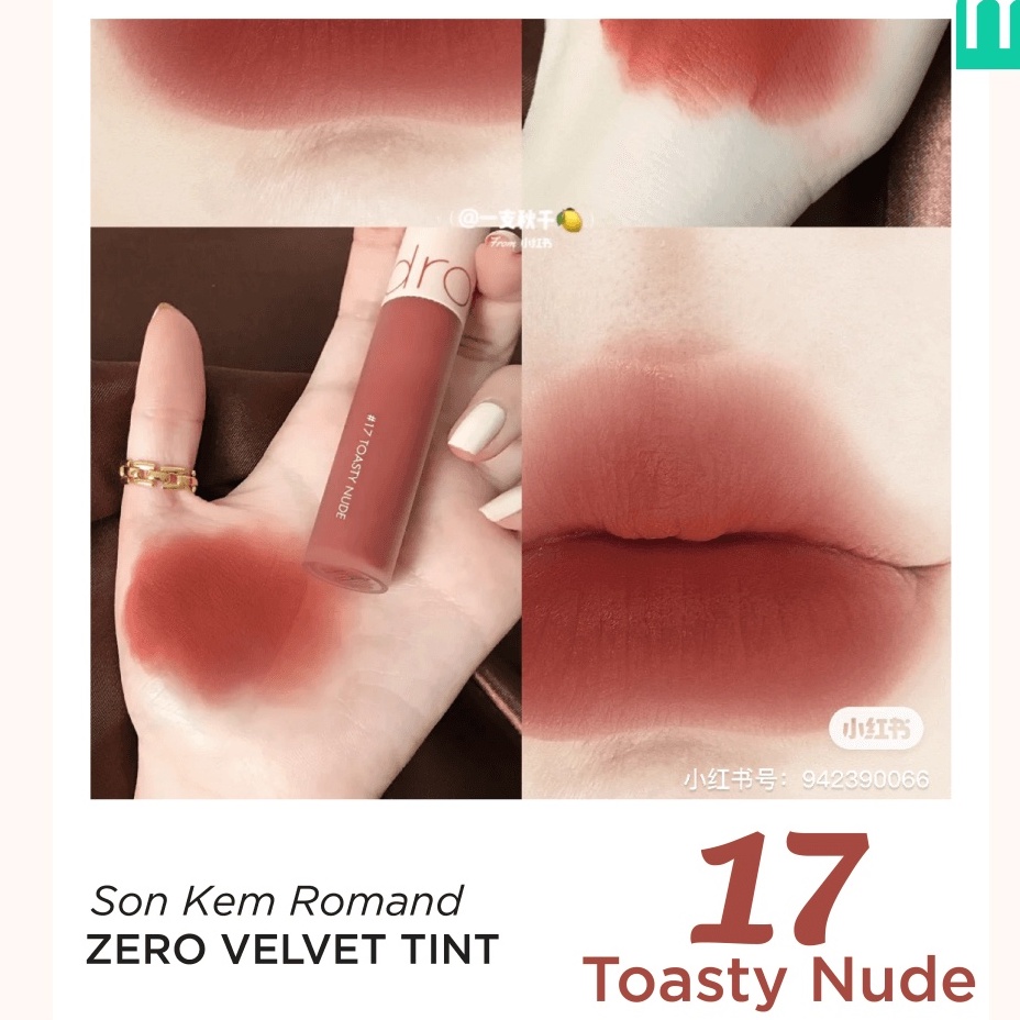 Son kem lì mềm mượt lâu trôi Romand Nude Zero Velvet Tint màu 17 cam đào nude Toasty Nude mẫu mới