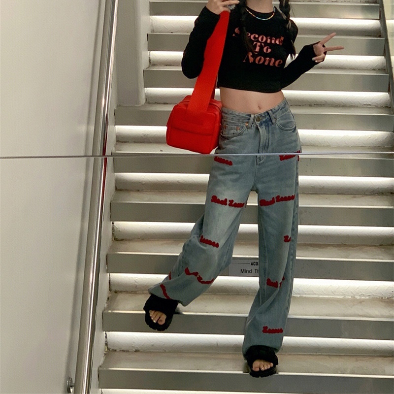 IELGY  IELGY Quần jeans Nữ Lưng Cao Thêu Chữ Tiếng Anh