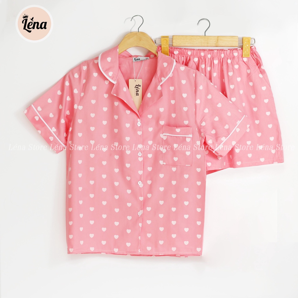 Bộ Pijama thô Hàn hồng tim trắng tay ngắn quần ngắn