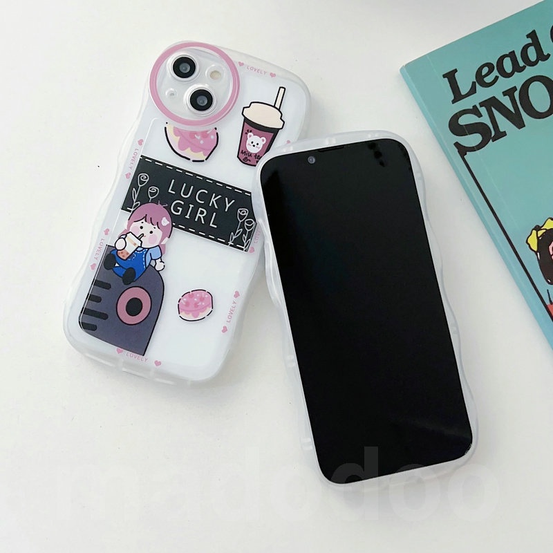 Clear Casing Samsung Galaxy A54 A34 A24 A14 A04 A12 A73 A53 A52 A52S A33 A32 A23 A72 A22 A13 4G 5G A03S A02S A11 A02 A03 A51 A50 A50S A30S A20 A30 A20S A10S A21S M12 M22 M32 M11 M02 Waves Edge Cute Cartoon Happy Bear Milk tea Lucky Girl Phone Case STB 13
