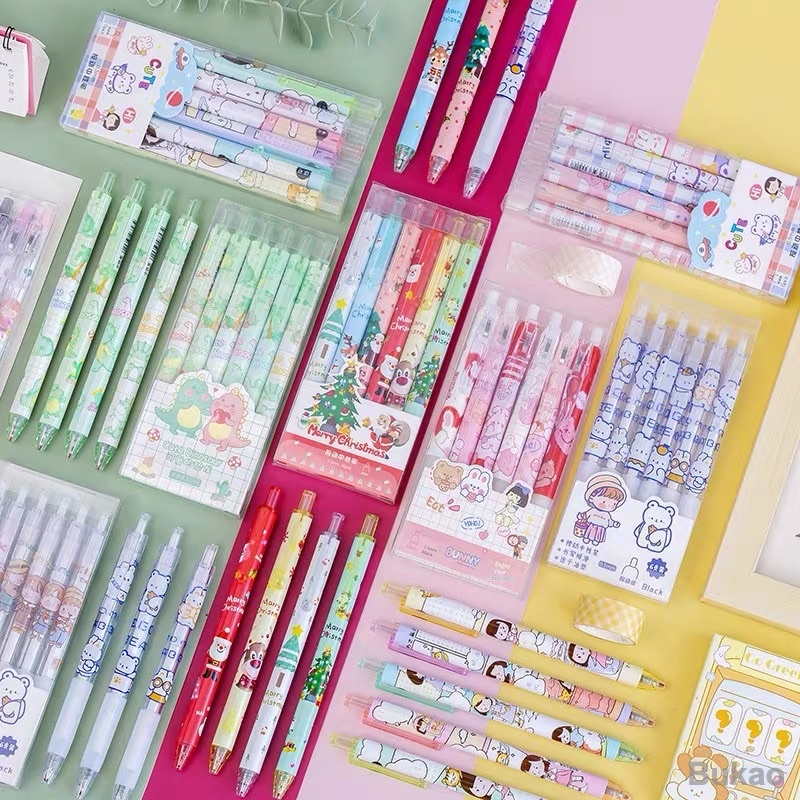 Hộp 6 bút gel bấm mực gel nhiều hoạ tiết dễ thương Bukao sỉ