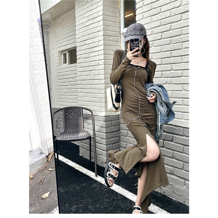 ZHELIHANGFEI Váy vuông tay dài cổ vuông không xẻ tà eo gợi cảm váy ôm sát hông bé gái dài váy dài