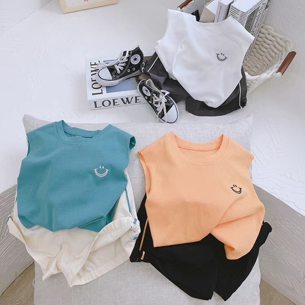 Bộ ba lỗ bé trai, đồ bộ cho bé thêu hình miệng cười cao cấp - HADU KIDS 7 - 28 kg