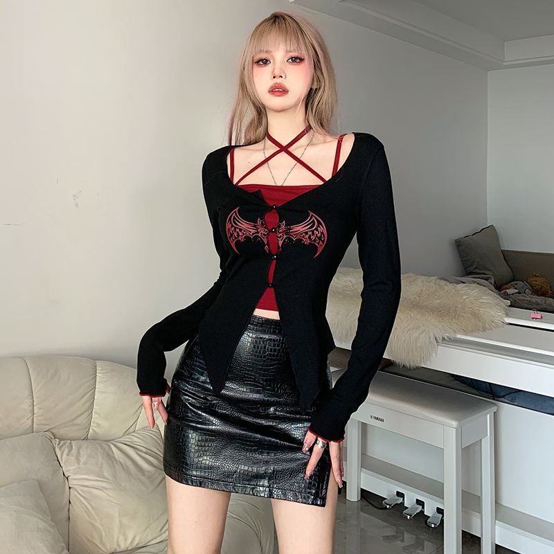 Bộ Áo Cardigan Tay Dài In Hình Dơi + Áo Hai Dây Thời Trang Quyến Rũ Cho Nữ