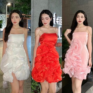 Đầm váy tafta ngắn trắng hồng đỏ xoắn hoa bèo tơ nhũ 2 dây xích thiết kế hotgirl sang trọng quý phái quyến rũ đi dự tiệc