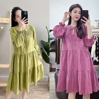 Đầm Babydoll Suông Rộng Tay Dài Tiểu Thư Chất Nhung Tăm