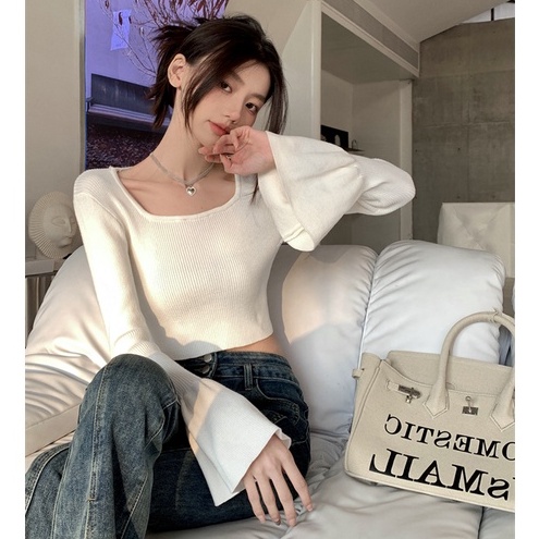 QKOOLE Áo croptop Dệt Kim Tay Loe Dài Phong Cách Thời Trang Hàn Quốc Dành Cho Nữ