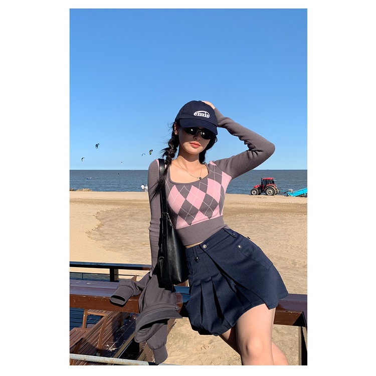 ZHELIHANGFEI Áo Sweater Cổ Vuông Dáng Dài Lưng Cao Đính Đá Dễ Phối Đồ